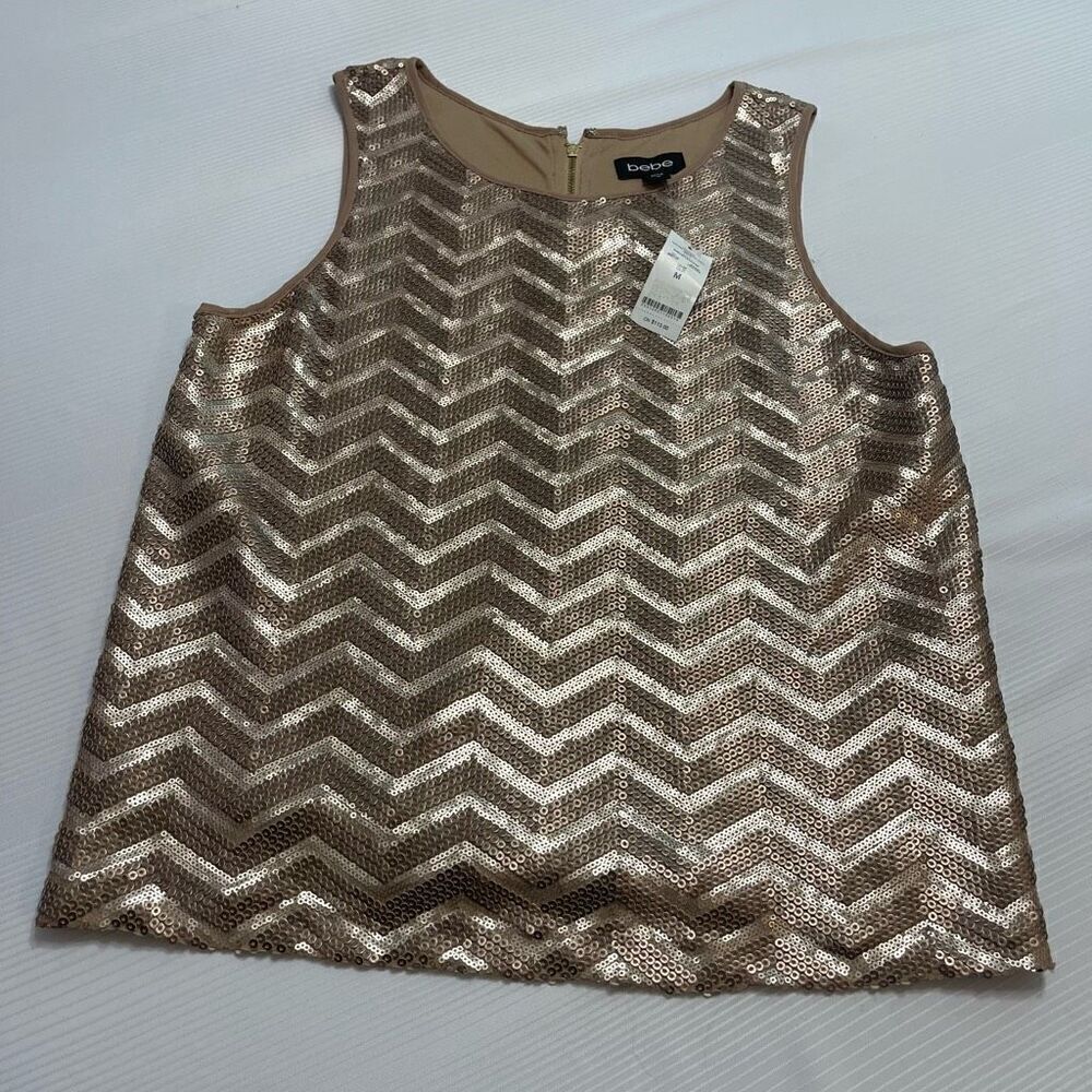 NWT Bebe Uptown Leather And Shine Gold Sequin Tank Top Size Medium New